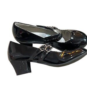 American Eagle Girls 1Y Black Patent Mary Jane Shoes Glitter Heel & Double Buckl